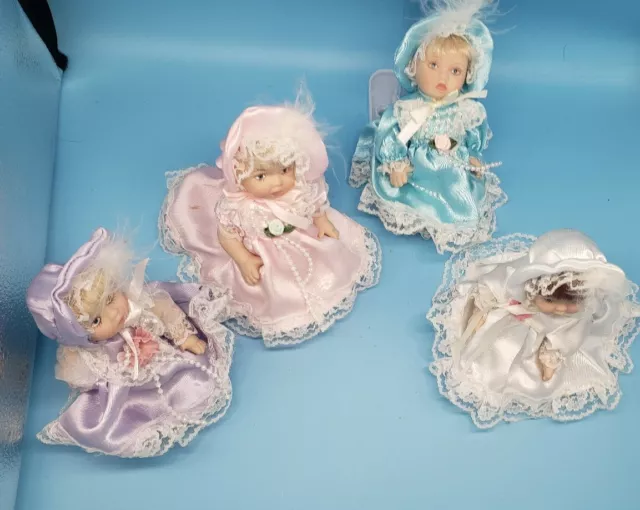 Vintage Lot of 4 Victorian Style Miniature 5" Porcelain Articulated Dolls Dress 2