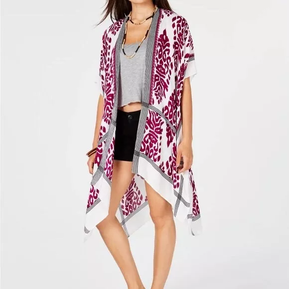 International Concepts CEJON damask print cover up women's ruana burgundy NEW