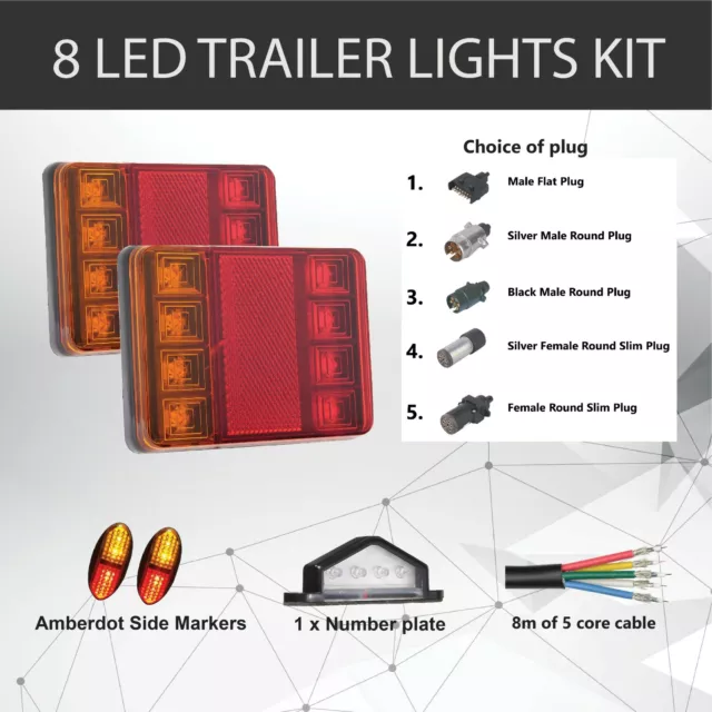 2 x 8 LED TRAILER LIGHTS KIT, Trailer Plug, CABLE, Side Marker, No. Plate Light