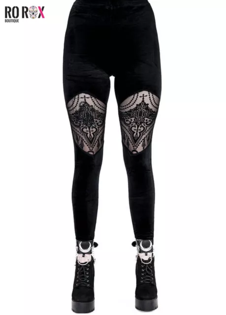 Restyle Beaded Leggings Ornate Velvet Cut-Out Mesh Goth Gothic Punk Alternative