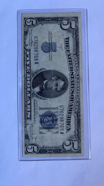 $5  1934-D Silver Certificate BLUE Seal WIDE II Face - Clean U-Block Note
