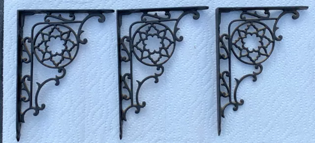 Antique Vintage Set 3 Ornate Star / Flower Cast Iron Wall  Shelf  Brackets