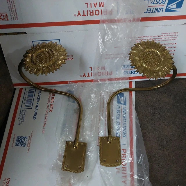 Pair Vintage Sunflower Solid Brass Curtain Drapery Tie Backs Large Wall Mount