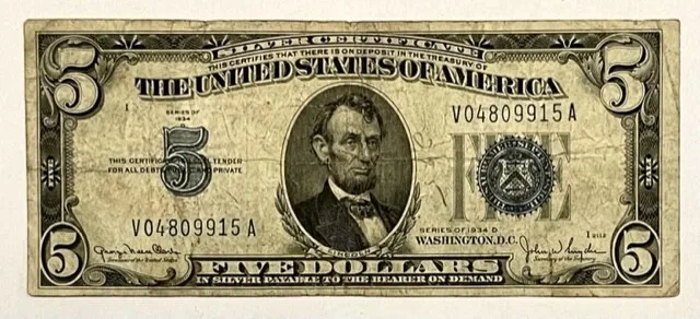 USA - Silver Certificate - $5 Dollars - 1934D - Circulated Banknote