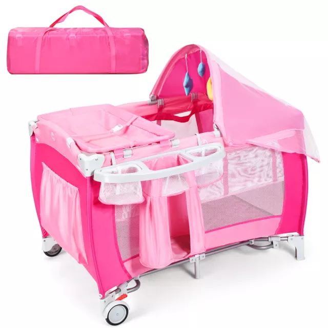 Foldable Baby Crib Playpen Travel Infant Bassinet Bed Mosquito Net Music w Bag