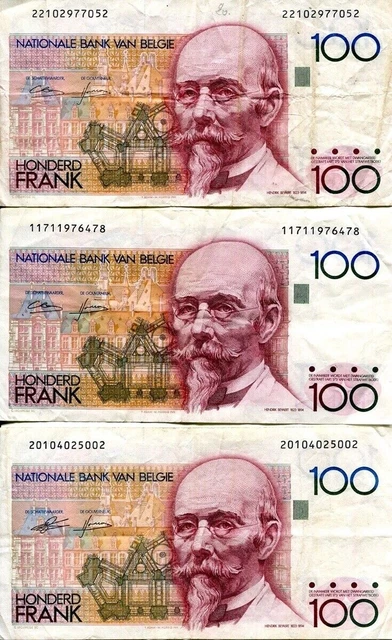 Belgique, 3 billets 100 francs 1982/1994, Pick 142