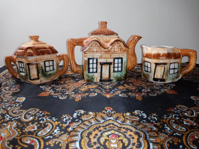 Vintage Ceramic English Cottage Tea Pot with Creamer and Sugar Bowl Japan