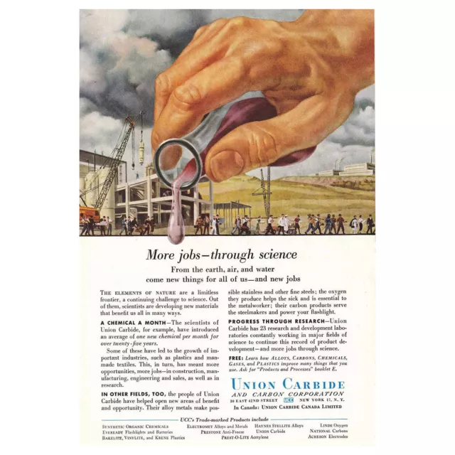 1954 Union Carbide: More Jobs Through Science Vintage Print Ad