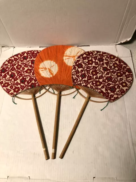 Vtg Japanese Uchiwa Paper And Bamboo Fan Set Of Three