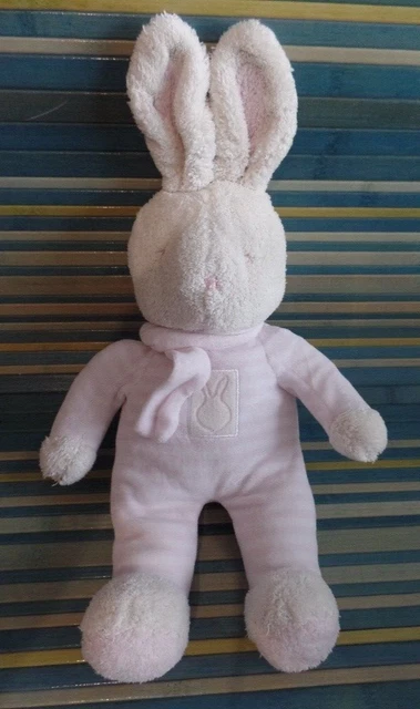 B14G / doudou peluche lapin blanc rayé rose écharpe KLORANE
