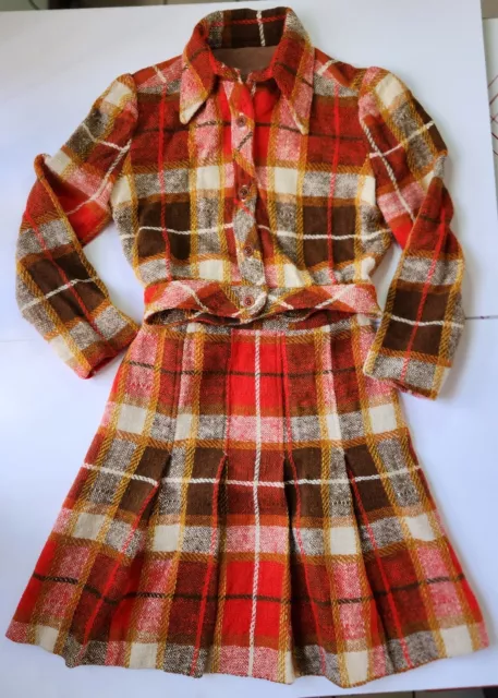 2 Pc. Blazer & Skirt Set 60s-70s Plaid Pleated Heavy Tapestry Adult S Academia