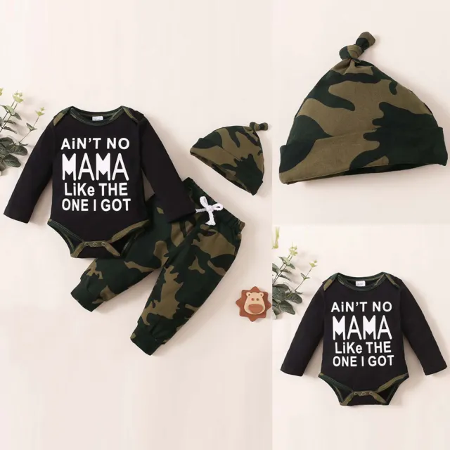 Newborn Baby Boys Camouflage Long Sleeve Outfits Romper Tops Long Pants Hat Sets