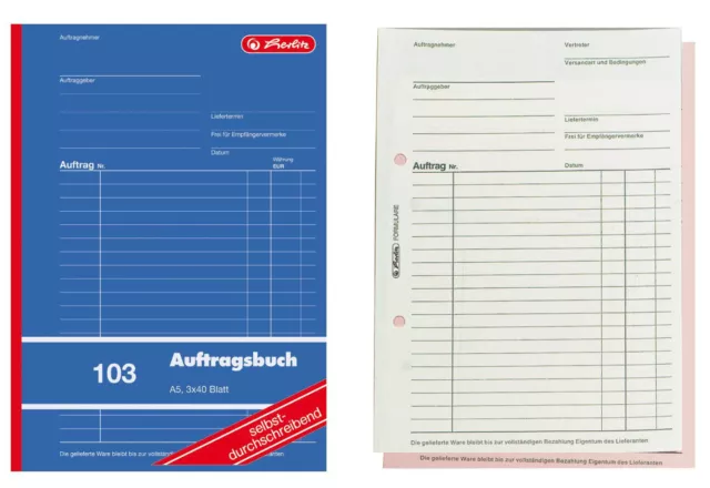 5 oder 10x herlitz Auftragsbuch Nr. 103 Formularbuch Größe A5, 3x40 Blatt, SD