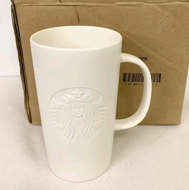 2 Starbucks Matte White Embossed Siren Logo Coffee Mug Cup 16 oz 2014 Tall BNIB