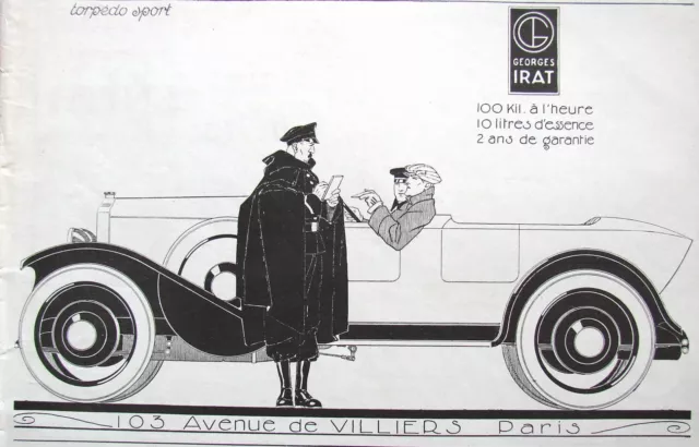 Publicité De Presse 1924 Georges Irat Voiture De L'élite 100 Km/H 10 Litres