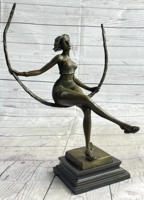 Art Déco Escultura Hermoso Mujer Niña Swing Bronce Estatua Figura Firmado Ganga