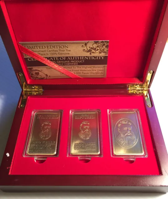 "NED KELLY" Set Of 3 x 1oz Ingots & Display Box Finished in 999 24k Antique Gold