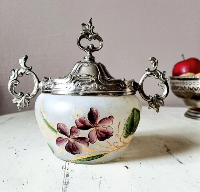 Ancien Pot à Confiture En Verre Doré Et Bronze - Bonbonnière Vintage France - Candy Bowl Authentique