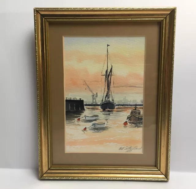 Watercolour Of Fishing Boats At Dock Maybe Folkestone Signed Mounted Framed