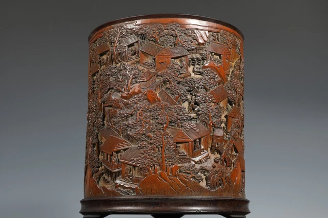 Fine Chinese Qing Dynasty TianZhang Bamboo Carved Landscape View Brush Pot