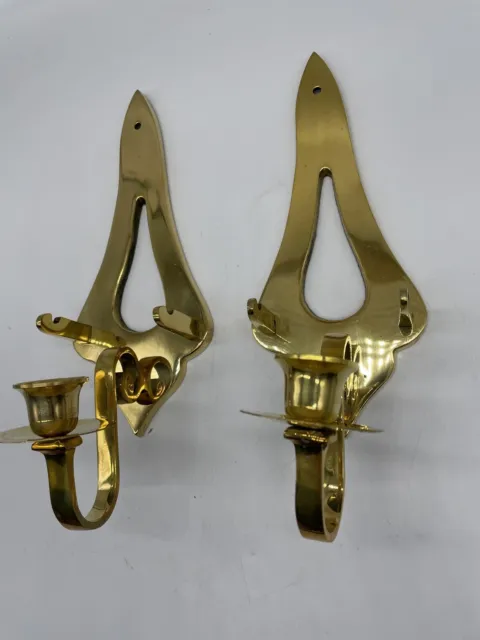 Pair Vintage MCM Brass Candle Sconce Wall Mounted Candle Holder Mid Century Boho