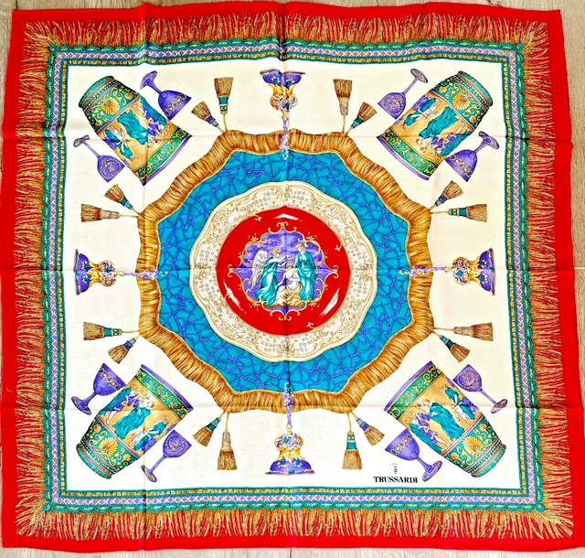 Foulard Vintage Bella Rosa 100% Soie - Turquoise - Roulotté Main - 78 Cm