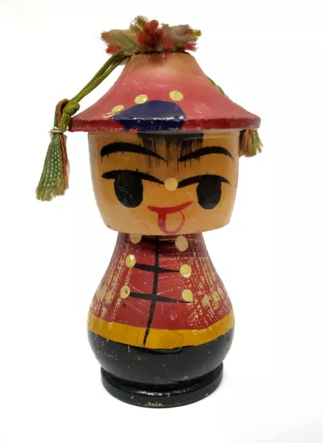 Wood Asian Bobble Head Nodder Kokeshi Figurine Unique Hand Painted Folk Art Man