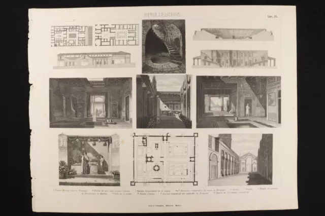 Gravure Civilisation Planche 26 Gras Cª Maison romaine à Pompéi, théâtre...