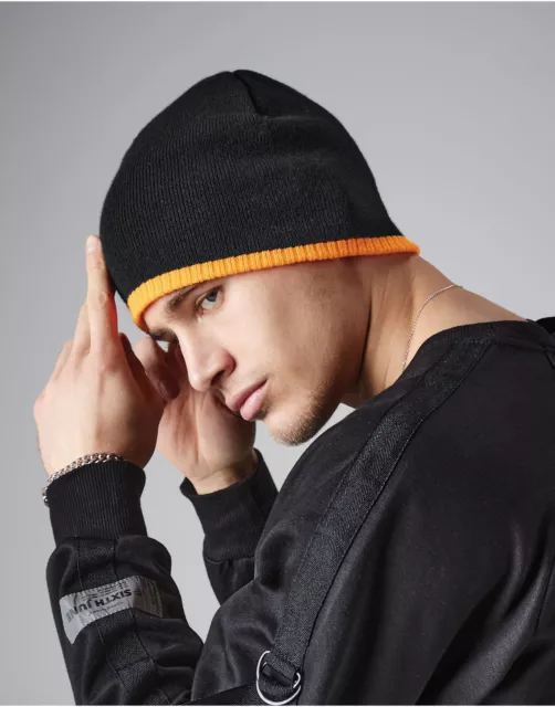 B44C Beechfield knitted beanie Two-Tone rim hat winter warm woolly ski skull cap