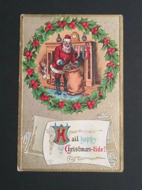 Christmas Santa Inside Wreath Bag of Toys c1910s Embossed  P Sander Postcard