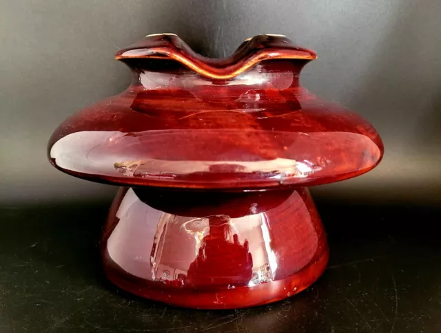 Vintage Large Ceramic High Voltage Electric Top Insulator w/ Brown Enamel