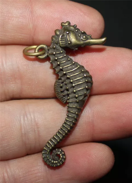 Chinese Vintage archaize pure brass carved  Sea horse Statue Pendant 22801