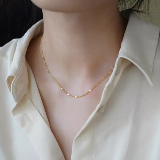 Women 18K Gold Plated Stainless Steel Flat Chain Choker Necklace 16-18" PE11