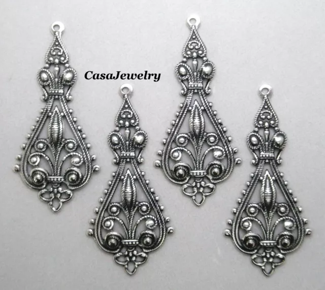 #0009 ANTIQUED STERLING SILVER PLATED FILIGREE TEARDROP W/TOP HANG RING - 4 Pcs