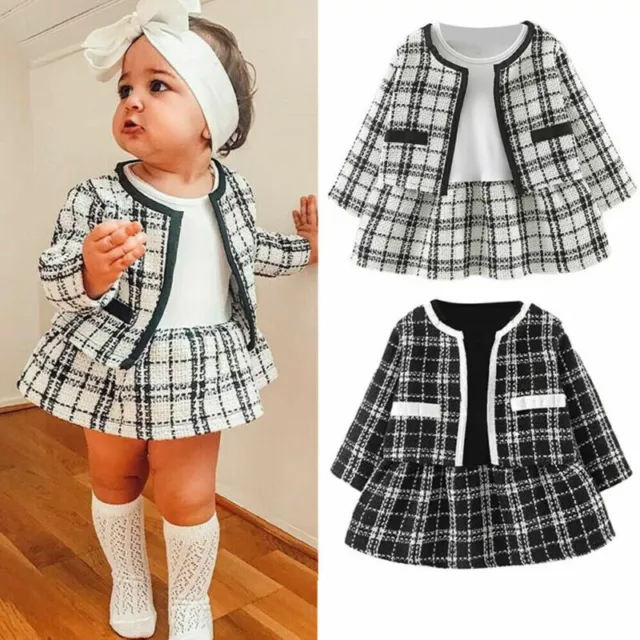 Kids Baby Girls Winter Clothes Long Plaid Sleeve Coat Tops+ Dress Formal^Outfits