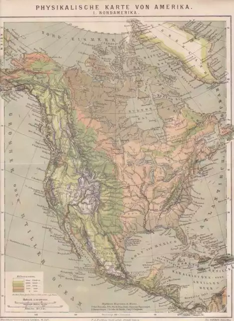 North America USA Canada Höhenkarte Physikalische Card Of 1882 Höhenzonen Gebirg