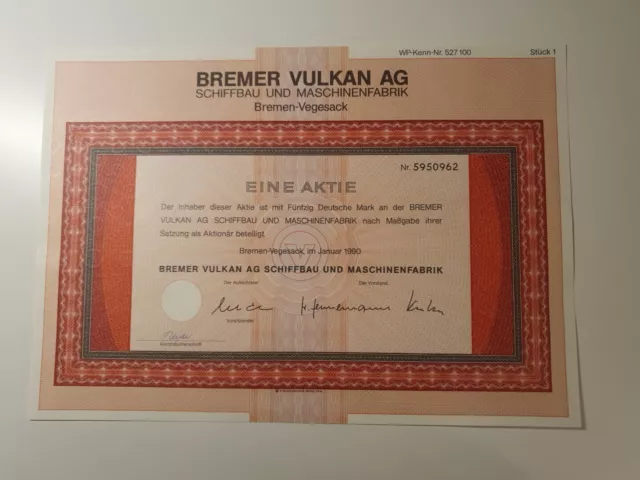 Bremer Vulkan AG - Schiffbau und Maschinenfabrik - Eine Aktie - 50 DM