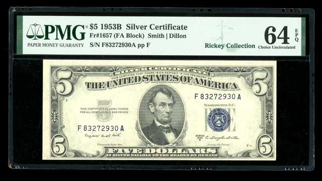 DBR 1953-B $5 Silver Fr. 1657 FA Block PMG 64 EPQ Serial F83272930A
