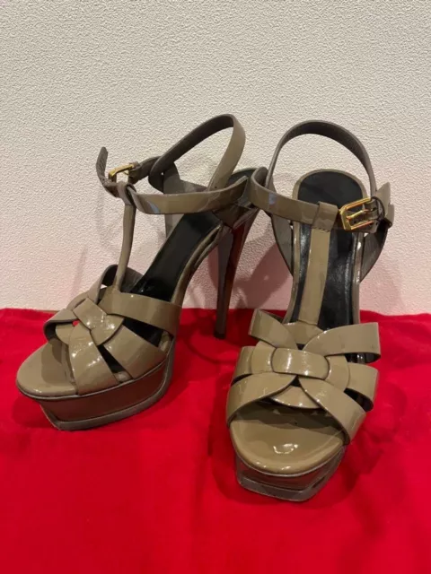 YSL Saint Laurent Patent Leather Platform Tribute Sandals Gray  Stiletto  US-6