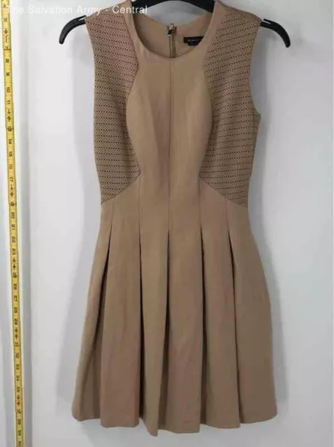 BCBGMAXAZRIA Womens Tan Perforated Trim Pleated Fit & Flare Dress Size XS