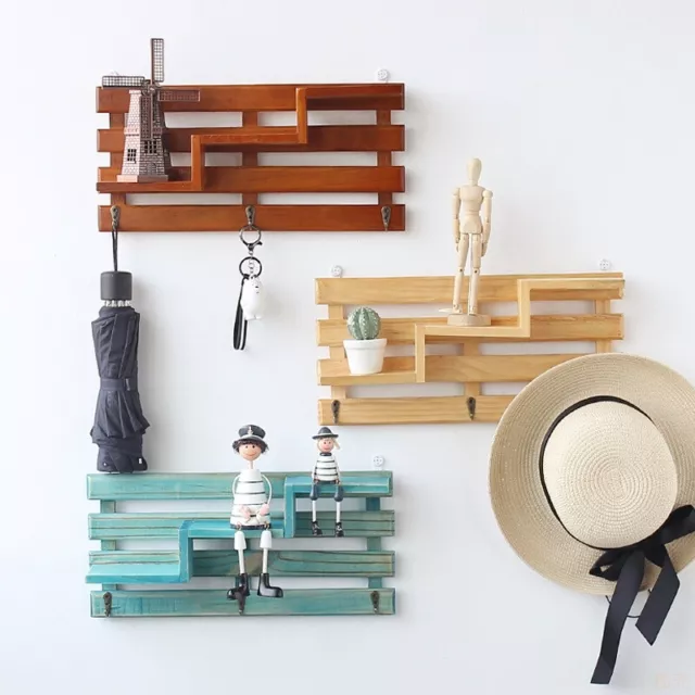 Vintage Wooden Rack Wall Mounted 3 Hooks Wood Storage Shelf Holder Home Deco