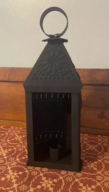 New Primitive Punched Tin BLACK REVERE LANTERN Taper Candle Holder Lamp
