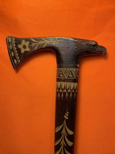 Kuznice Old Hand Carved Wooden Cane Walking Stick Bird Eagle Folk Art Tomahawk 2