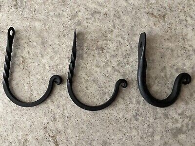 Set Of 3 - Wrought Iron J Hooks Hand Forged  Metal 2 Twisted 2 1/2" 1 Straight