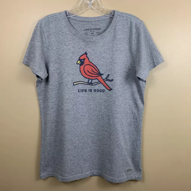 Life is good Shirt Womens Medium Gray Casual Cardinal Bird Crusher Tee Ladies