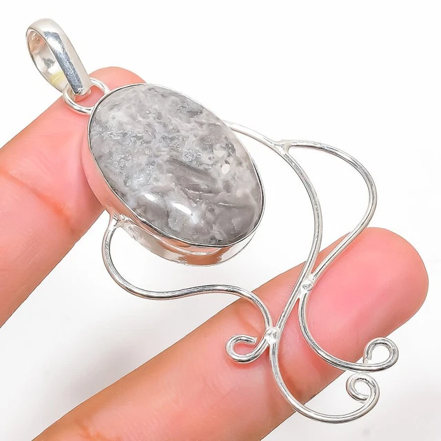 Porcelain Jasper Gemstone Handmade 925 Sterling Silver Jewelry Pendant 2.76"