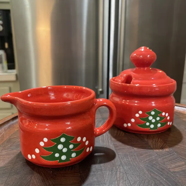 Waechtersbach RED Christmas Tree Creamer & Sugar Bowl w/ Lid Germany