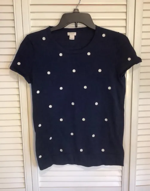 J Crew Short Sleeve Sweater Top Womens S Small Pullover Navy Polka Dot Classic
