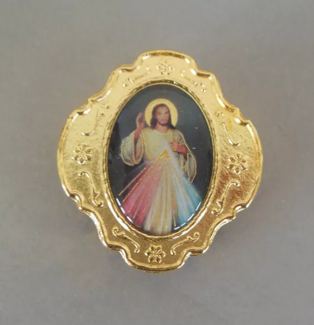 Schatulle Dose Barmherziger Jesus 4 x4,5 cm für Rosenkranz; Metall goldfarben