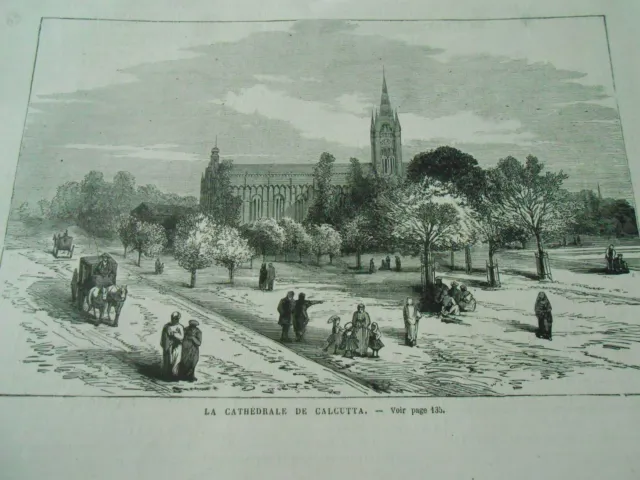Gravure 1877 - La Cathédrale de Calcutta Indes